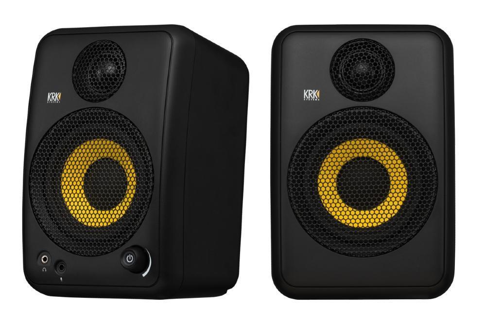 Two small monitor speakers from KRK for travel use